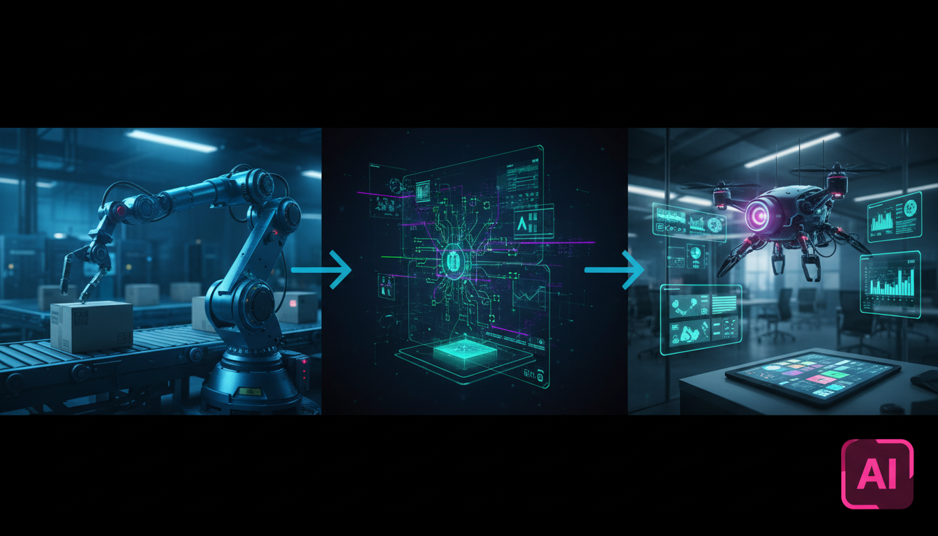 OpenClaw e a Nova Geração de Agentes de IA: Autonomia e Segurança — Uma linha do tempo visual que ilustra a evolução da automação. No início, um robô RPA repetitivo realizando tarefas simples em uma e