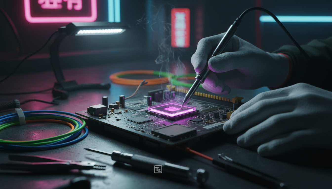 OpenClaw na China: A Corrida da IA e Seus Desafios — Uma visão em close-up de uma placa-mãe antiga e empoeirada, com um novo chip de IA (estilo OpenClaw) sendo cuidadosamente soldado por um técnico. C