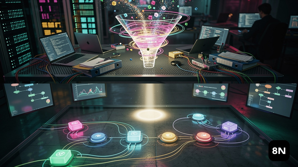 OpenClaw: RAG com N8N e LLMs Open Source em 2026 — Um diagrama infográfico dividido em duas partes (superior/inferior para carrossel). Parte superior: Um funil representando o processo de RAG (Retriev