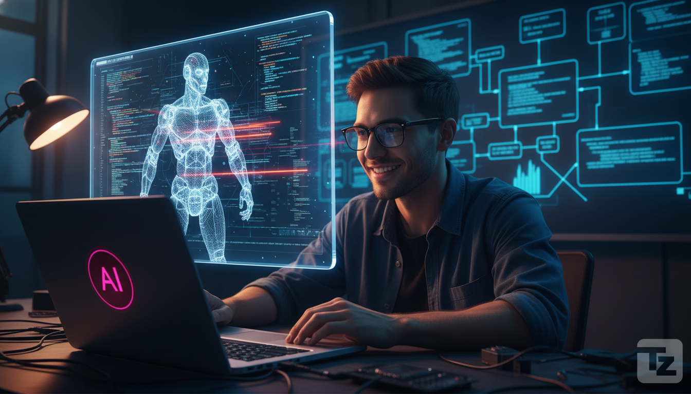 OpenHarness: Construindo Agentes de IA Poderosos com Código — Um desenvolvedor sorrindo, olhando para um monitor onde o código do OpenHarness é exibido em camadas, como se estivesse construindo um rob