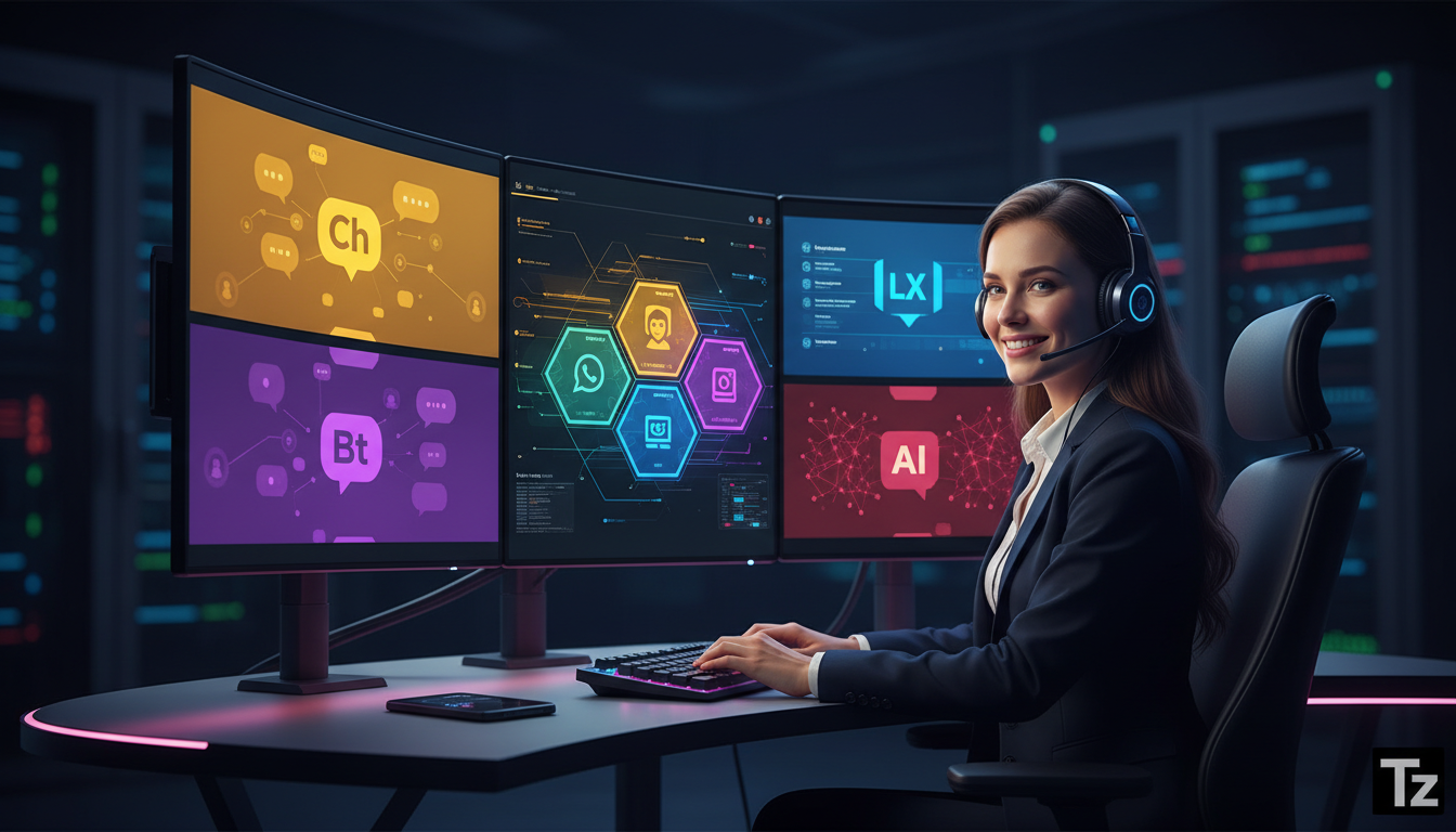 Os 7 pilares fundamentais da automação do Instagram para empresas em 2024 — Um atendente de suporte ao cliente sorrindo e usando um headset. Múltiplos monitores ao fundo exibem diferentes interfaces d