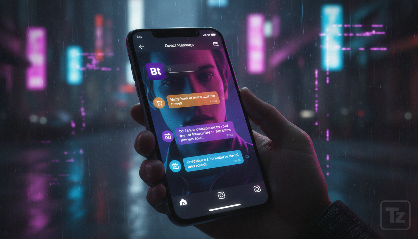 Os 7 Principais Conceitos de Chatbot Instagram DM Automática Explicados — Um close-up detalhado da tela de um smartphone mostrando uma conversa no Instagram Direct. A conversa é entre um usuário e um 