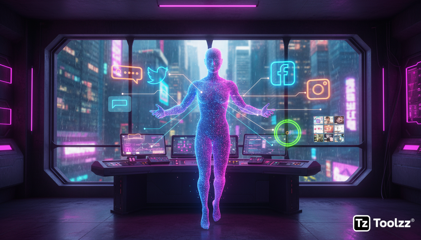 Os benefícios de entender Agentes de IA para sua carreira — Um agente de IA da Toolzz representado como uma figura amigável e moderna, interagindo com ícones de várias plataformas de mídia social (Ins