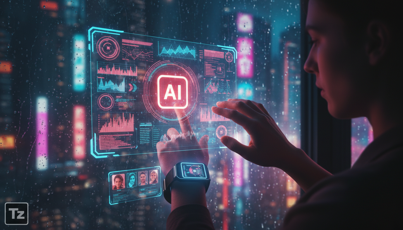 Os benefícios de entender Agentes IA para Social Media em 2026 — Close-up de uma interface de usuário holográfica mostrando um agente de IA da Toolzz AI analisando dados de redes sociais. Gráficos com