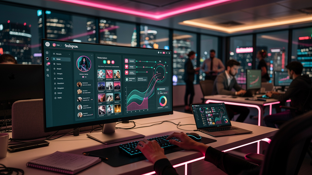 Os benefícios de entender Automação da Instagram API para sua carreira — Um escritório moderno e movimentado com pessoas interagindo em seus computadores. Em primeiro plano, uma tela mostra uma interf