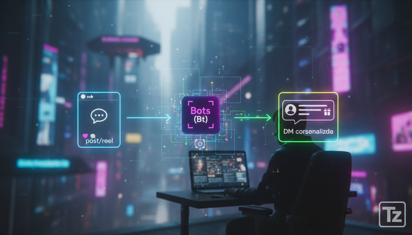 Os benefícios de entender Chatbot Instagram para sua carreira — Um diagrama de fluxo ilustrando o processo de automação de DMs no Instagram. Começando com um post/reel no Instagram, seguindo para um c