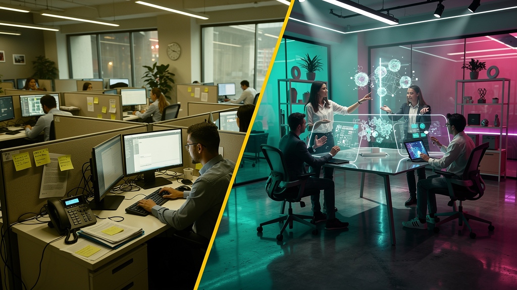 Os benefícios de entender SEO para LLMs para sua carreira — Uma tela dividida mostrando a evolução do SEO: à esquerda, uma sala de escritório dos anos 2000 com pessoas digitando freneticamente em comp