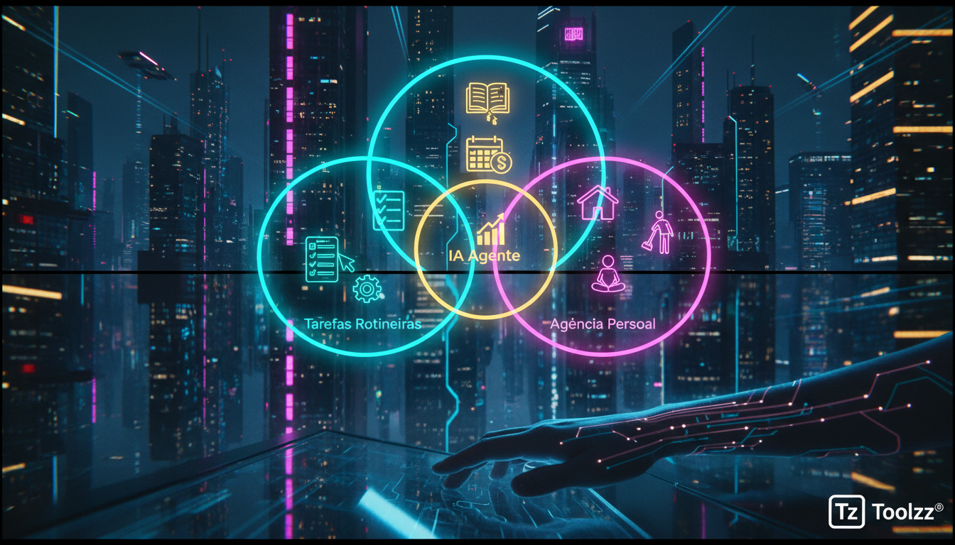 Os Limites da IA Agente e o Valor da Agência Humana — Um diagrama de Venn estilizado com três círculos sobrepostos. O primeiro círculo representa 'Tarefas Rotineiras' e contém ícones como um formulári
