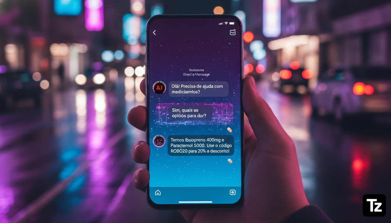 Os pilares fundamentais da Automação Instagram — Close-up de um smartphone exibindo uma conversa automatizada via Direct do Instagram. O chatbot, com avatar amigável, responde a perguntas sobre medica