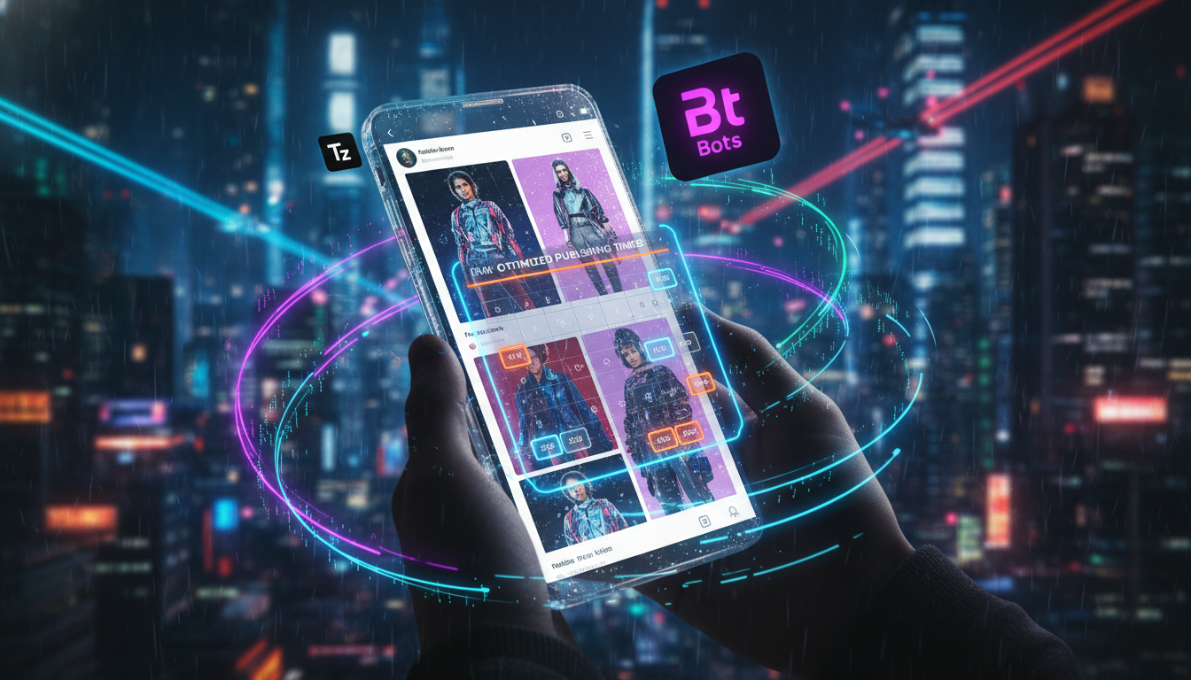 Os pilares fundamentais da Automação no Instagram — Um feed do Instagram em um smartphone mostrando posts agendados de uma marca de moda. O calendário de agendamento da Toolzz Bots aparece em destaque