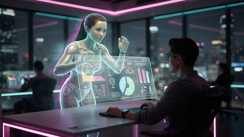 Os pilares fundamentais da transformação LXP em 2026 — Um agente de IA holográfico, com a forma de um mentor amigável, interagindo com um colaborador em um escritório moderno. O agente está explicando