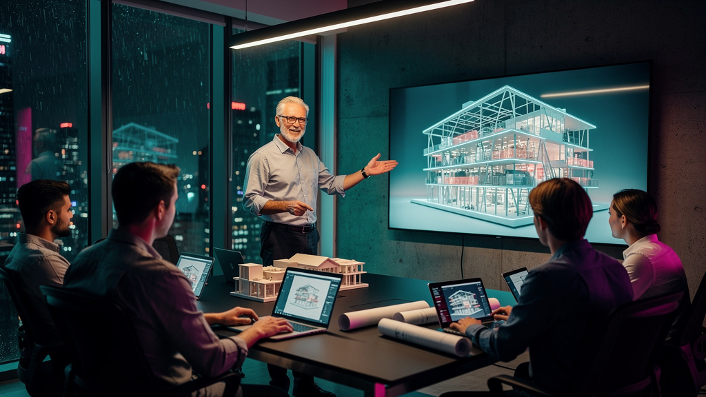 Os pilares fundamentais de LMS para arquitetos — Um arquiteto sênior explicando um projeto complexo para uma equipe de jovens arquitetos em um escritório moderno. O arquiteto está apontando para uma t