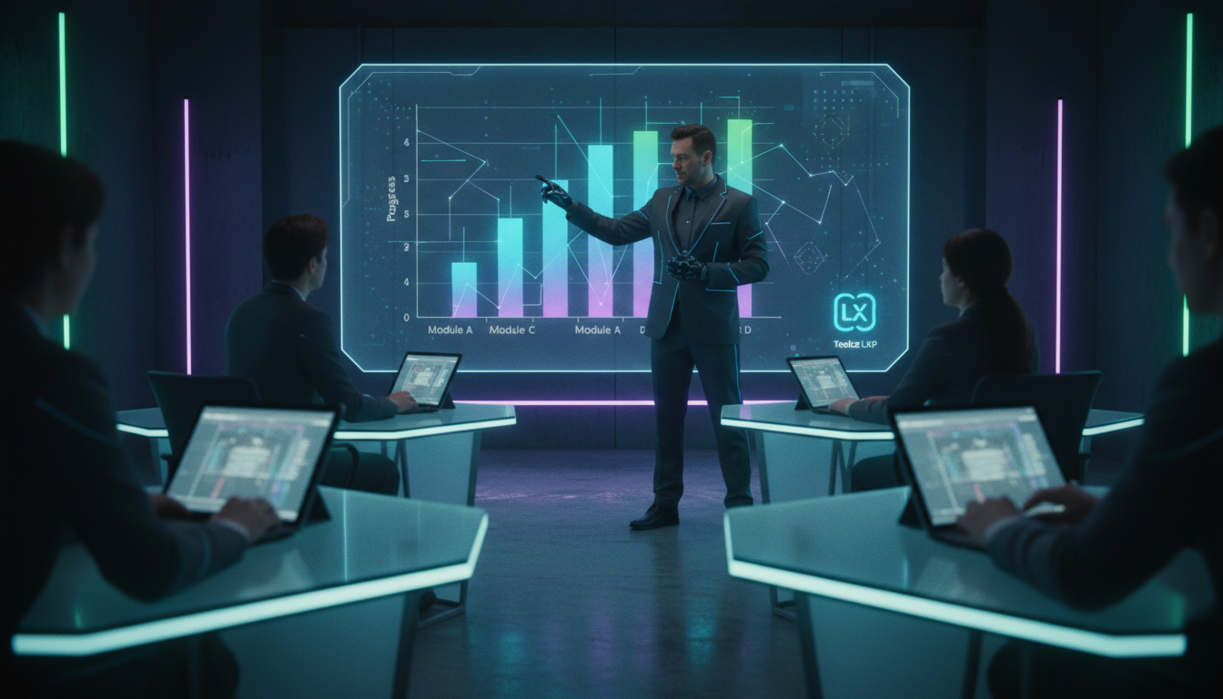 Os pilares fundamentais de Relatórios de Progresso em LXP — Um instrutor de treinamento corporativo, em pé em frente a uma tela interativa, apontando para um gráfico de barras que mostra o progresso d