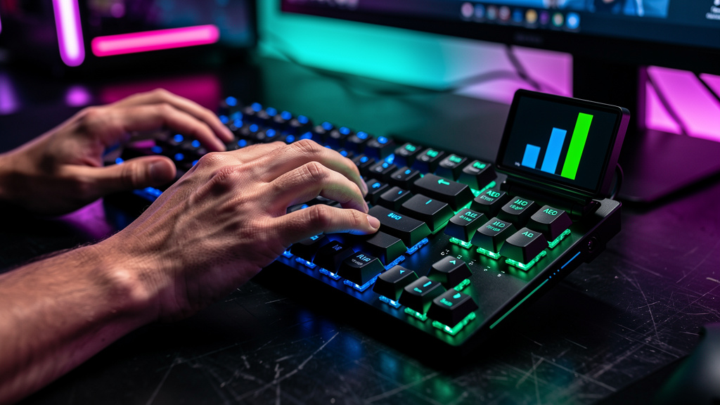 Os pilares fundamentais do Content Marketing IA — Visão de close-up das mãos de um profissional de marketing digitando em um teclado. As teclas são iluminadas com cores diferentes para representar SEO