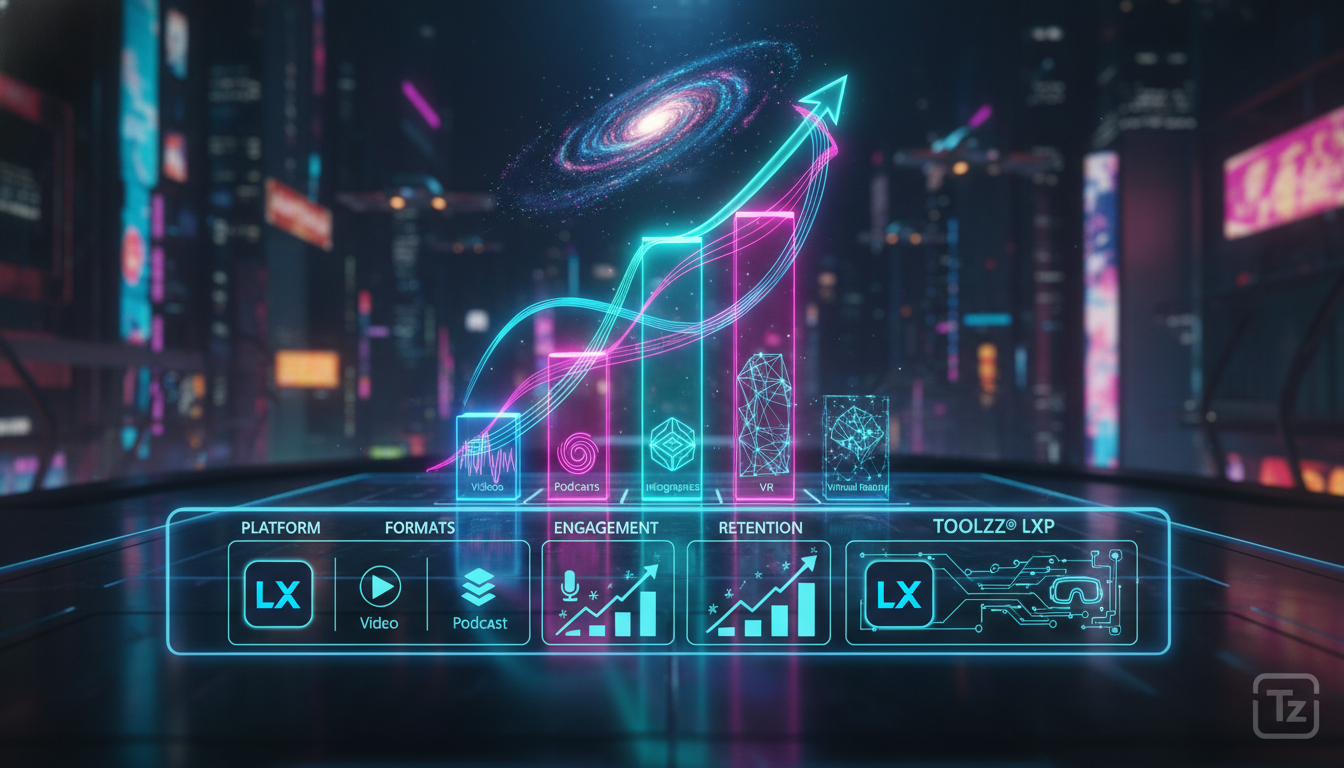 Os pilares fundamentais do Conteúdo Multimídia em LXP — Infográfico comparando diferentes tipos de conteúdo multimídia (vídeos, podcasts, infográficos, realidade virtual) e sua eficácia no aprendizado