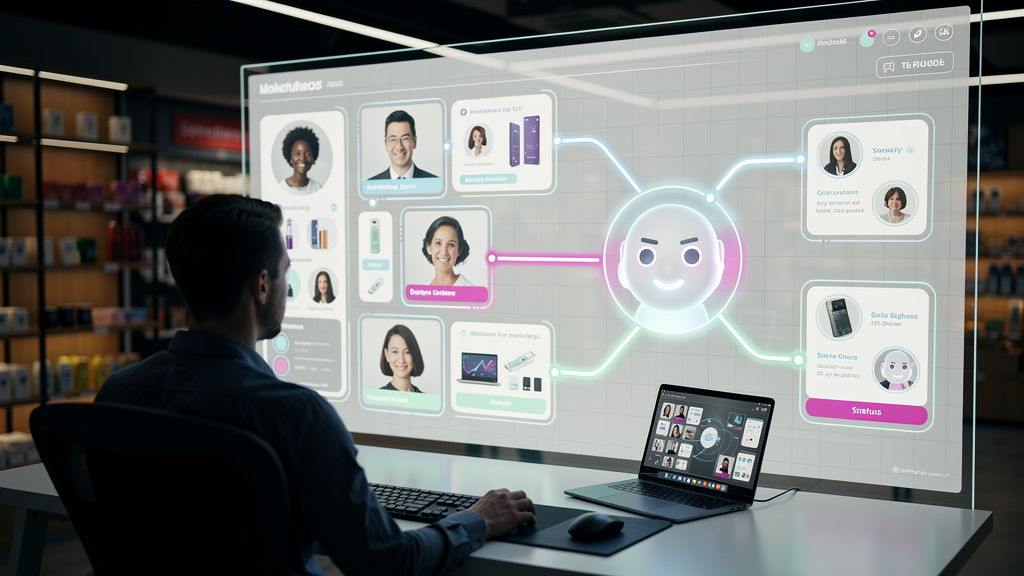 Os principais conceitos de automação de marketing explicados em 2026 — Um painel de controle de IA exibindo dados de clientes em tempo real, com insights sobre padrões de compra e preferências. Um age