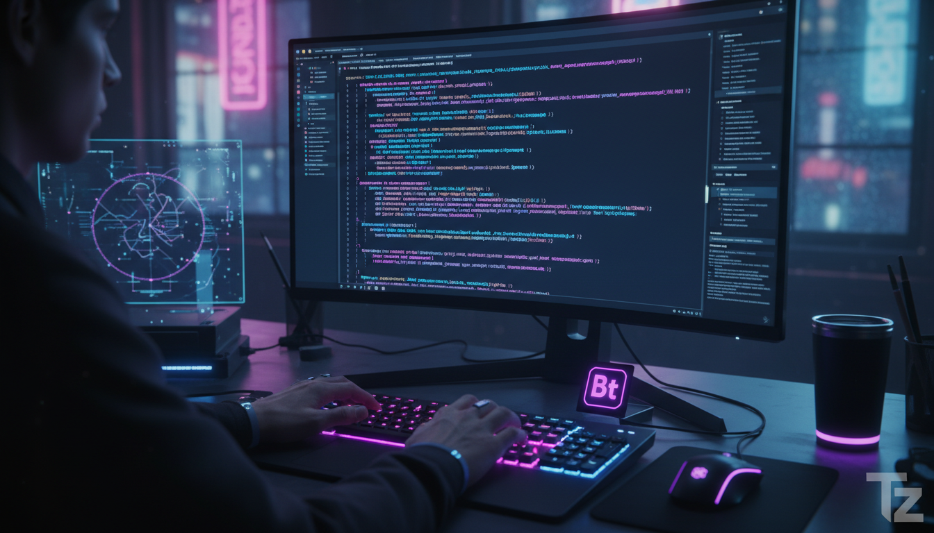 Os principais conceitos de Automação Instagram explicados — Close-up das mãos de um desenvolvedor digitando código em um monitor ultrawide. O código destaca trechos relacionados a APIs do Instagram e 