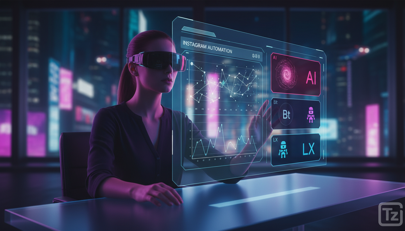 Os principais conceitos de Automação Instagram explicados — Visualização de um painel de controle de automação do Instagram em 2026, com elementos de interface holográfica e dados sendo analisados em 