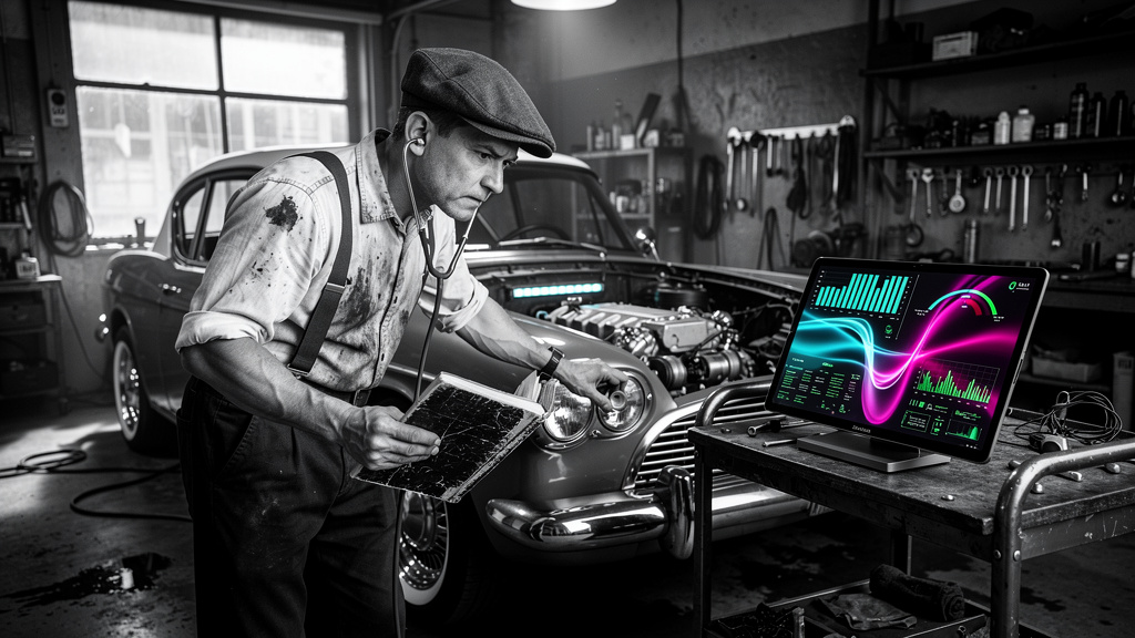 Os principais conceitos de IA Agente explicados — Um mecânico de carros da década de 1920 tentando diagnosticar um carro moderno complexo usando apenas um estetoscópio e um manual de 'cavalos de potên