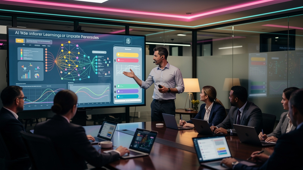 Os principais conceitos de IA para Educação explicados — Um instrutor de treinamento corporativo gesticula enquanto explica um gráfico complexo de aprendizado de máquina. Em um canto da tela, um agent