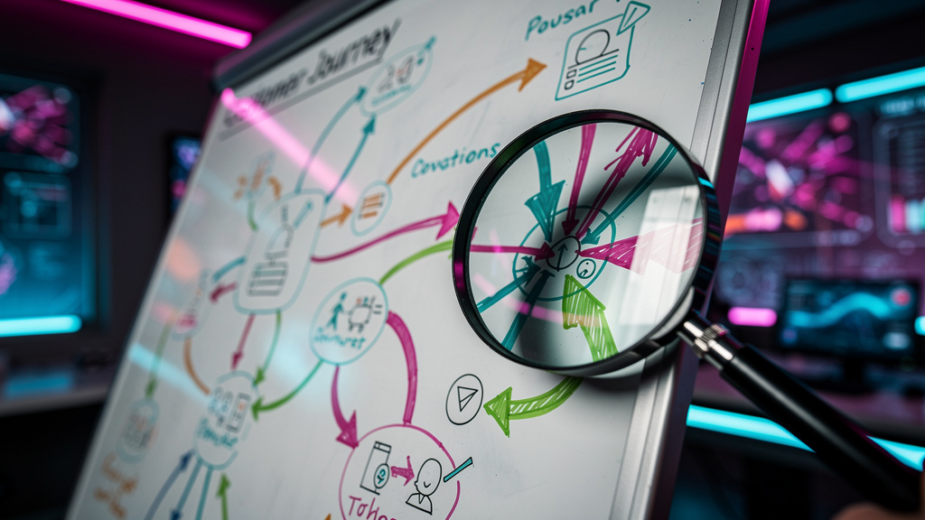 Os principais conceitos de Retenção explicados — Close-up em um mapa de jornada do cliente (customer journey) desenhado à mão em um quadro branco. Setas coloridas conectam diferentes pontos de contato