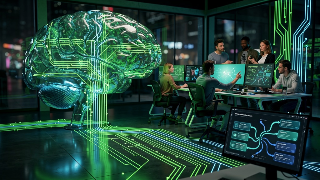 Otimização de Memória no Código e na Mente: A Importância do Treinamento — Ilustração de um cérebro humano estilizado, com trilhas de luz que se assemelham a circuitos impressos. Essas trilhas levam a