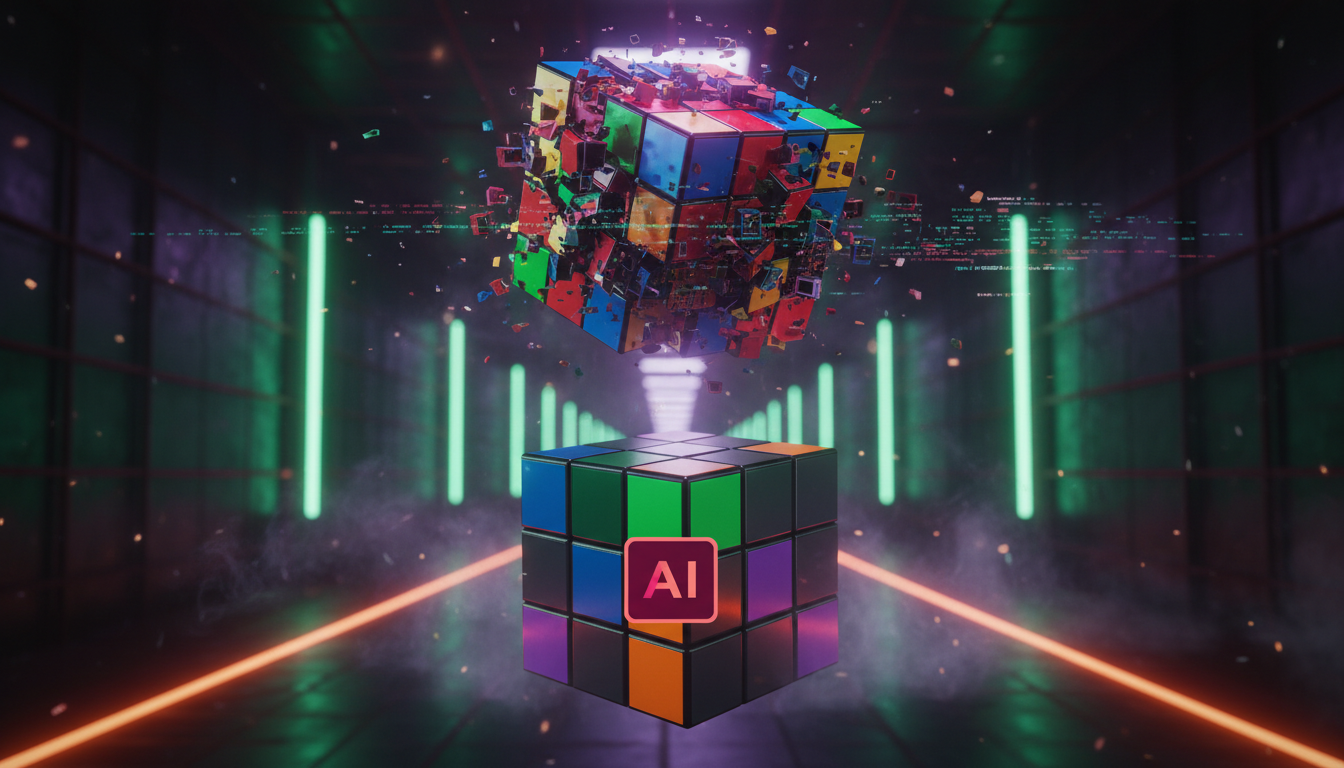 Otimização em Grande Escala: Lições de Minecraft e IA — Uma ilustração que representa a simplificação de um problema complexo. Na parte superior, um cubo de Rubik embaralhado e intrincado. Na parte in