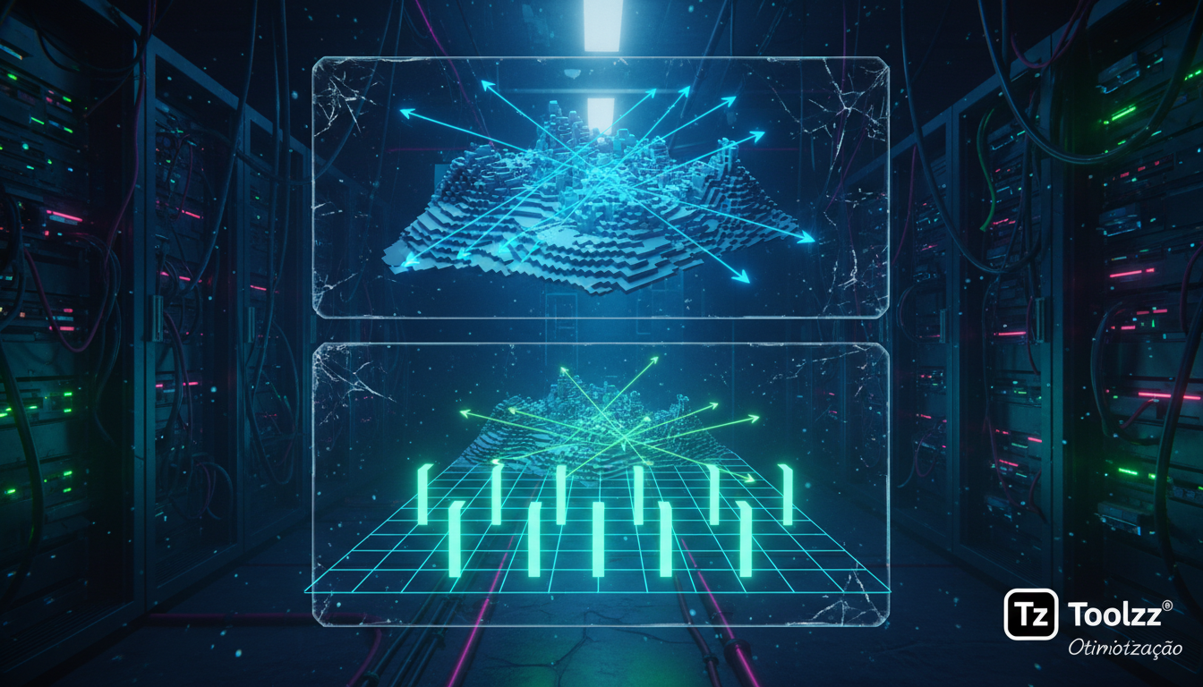 Otimização em IA: Lições de um localizador de estruturas no Minecraft — Diagrama infográfico mostrando a comparação entre uma busca tradicional em 3D no Minecraft e a abordagem otimizada em 2D. Na par