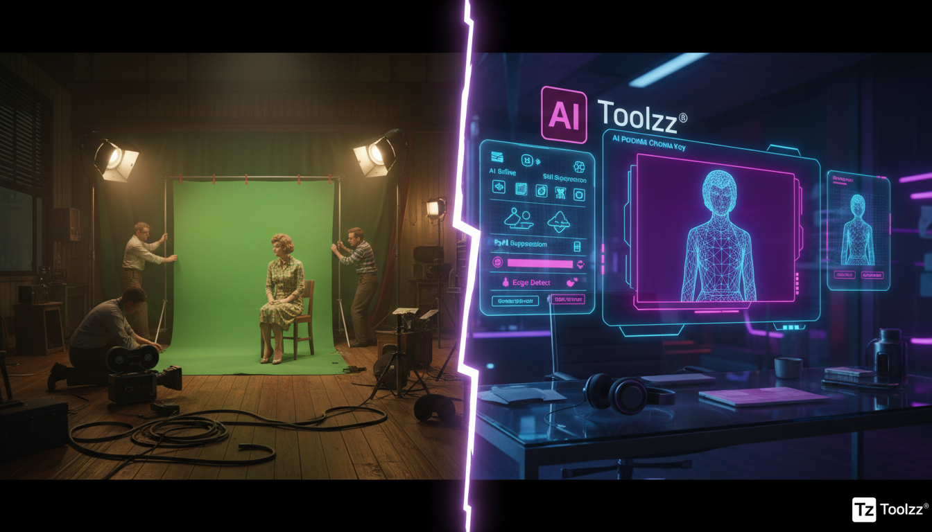 Otimizando Green Screen com IA: Resultados Profissionais — Ilustração digital mostrando a evolução da tecnologia de chroma key. À esquerda, uma cena de bastidores de um filme antigo com equipamentos a
