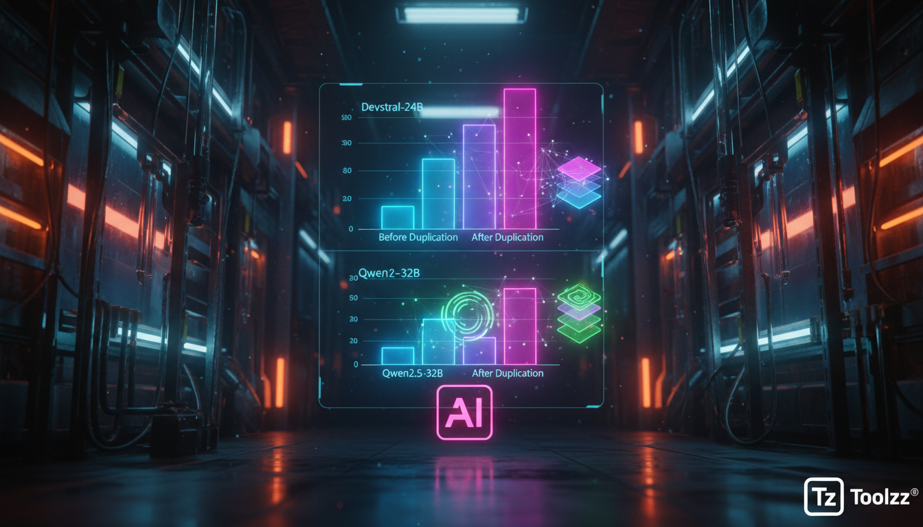 Otimizando LLMs: A Duplicação de Camadas e o Aumento da Performance — Um diagrama infográfico em duas partes (superior/inferior para carrossel). Parte superior: Gráfico de barras comparando o desempen