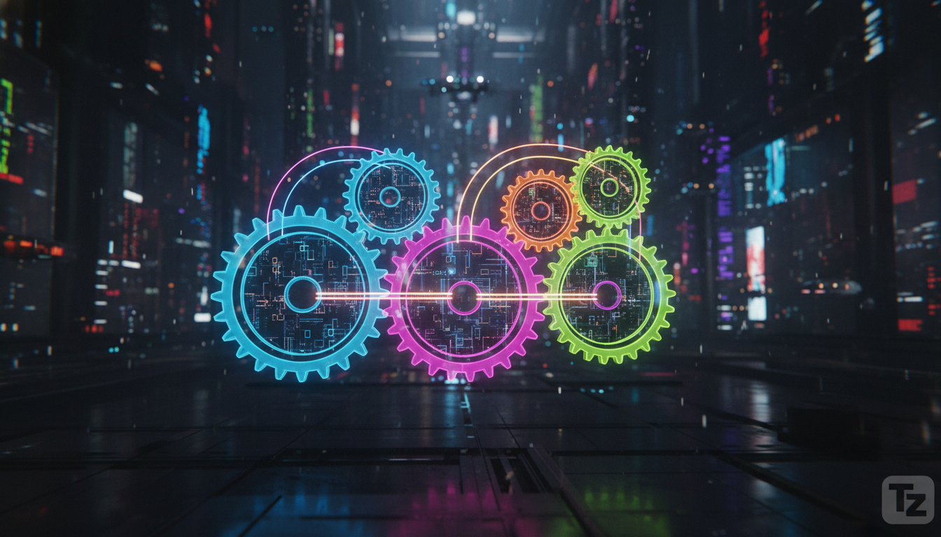 Otimizando LLMs: Duplicação de Camadas Aumenta a Capacidade de Raciocínio — Visualização de um diagrama simplificado de um LLM, mostrando as camadas internas como engrenagens interconectadas. Um conju