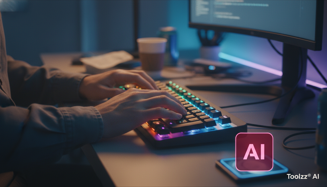 Otimize a Codificação com IA: Orquestração e Produtividade — Um close-up das mãos de um desenvolvedor digitando rapidamente em um teclado. As teclas são retroiluminadas com cores vibrantes que mudam d