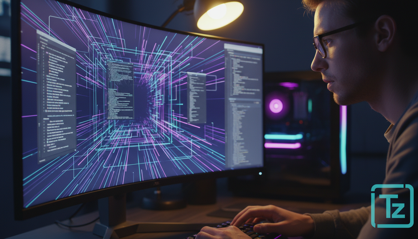 Otimize React: Memo, useCallback e o Fluxo de Dados Eficiente — Um desenvolvedor de software, em um close-up, observa atentamente um monitor com código React complexo, onde as linhas de código formam 