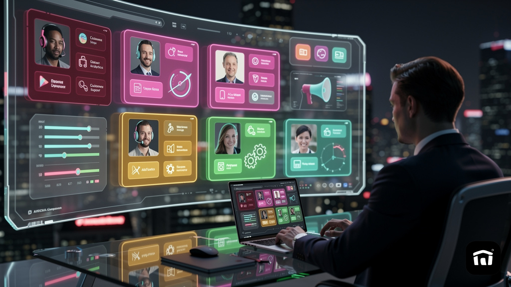 Pack IA: O Guia Completo para Implementar Agentes de IA no Seu Negócio — Um painel de controle futurista exibindo vários agentes de IA pré-treinados, cada um com um avatar e descrição de suas funções 