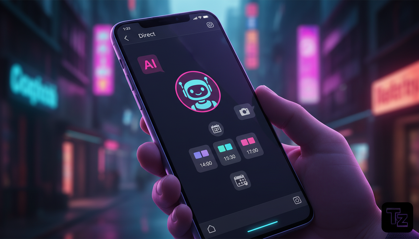Panorama completo de Automação de Marketing Instagram em 2026 — Close-up de um smartphone exibindo uma conversa em um Direct do Instagram. Um Agente de IA da Toolzz, com avatar amigável, responde a um