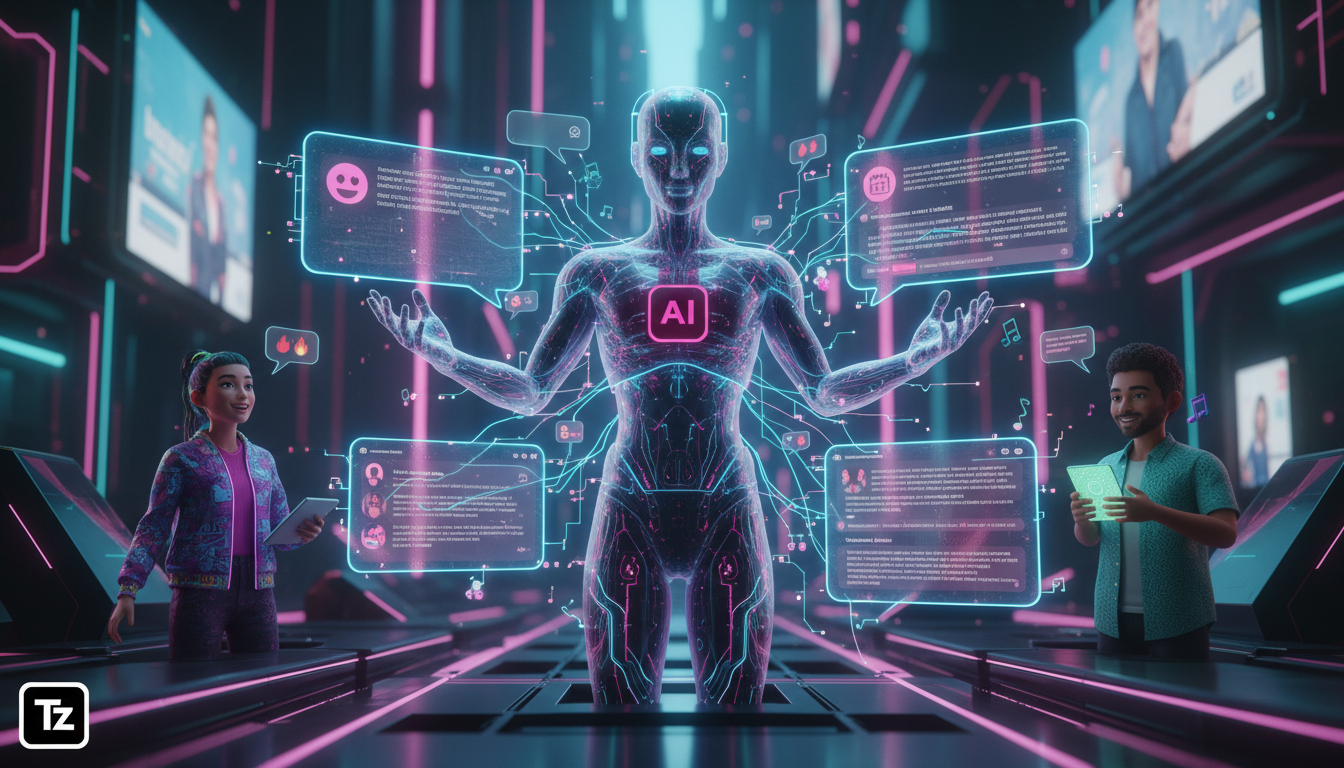 Panorama Completo de Automação de Marketing no Instagram em 2026 — Um agente de IA holográfico, com o logo Toolzz integrado em seu design, interagindo com avatares de clientes em um ambiente virtual d