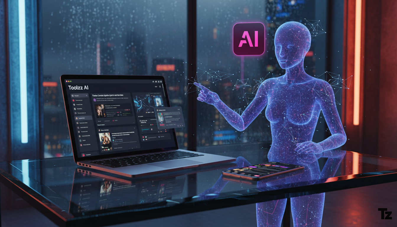 Panorama completo de Automação Instagram em 2026 — Uma mesa de trabalho moderna, com um notebook aberto mostrando a interface da Toolzz AI gerando legendas criativas para posts do Instagram. Ao lado, 