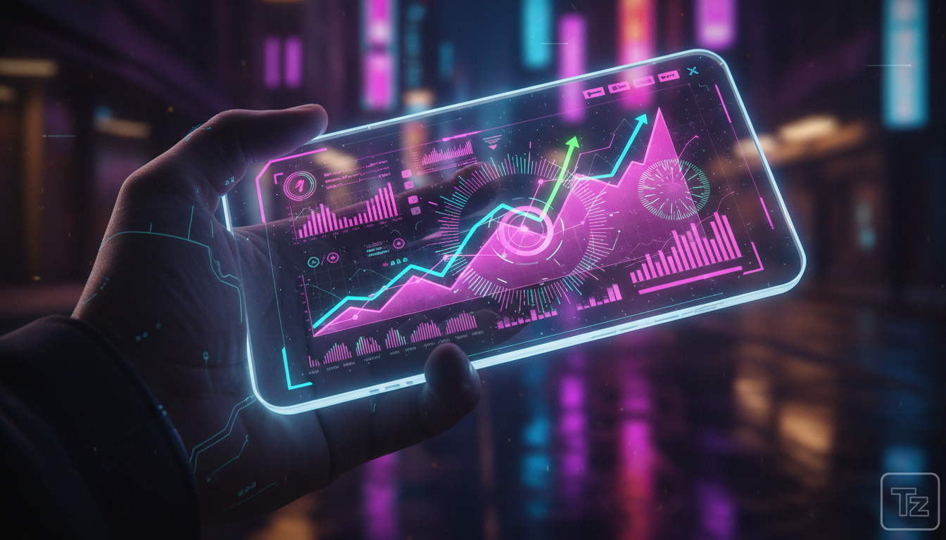 Panorama completo de IA para Redes Sociais em 2026 — Close-up de uma tela de smartphone mostrando um painel de controle da Toolzz AI. Este painel exibe gráficos de crescimento exponencial e métricas d