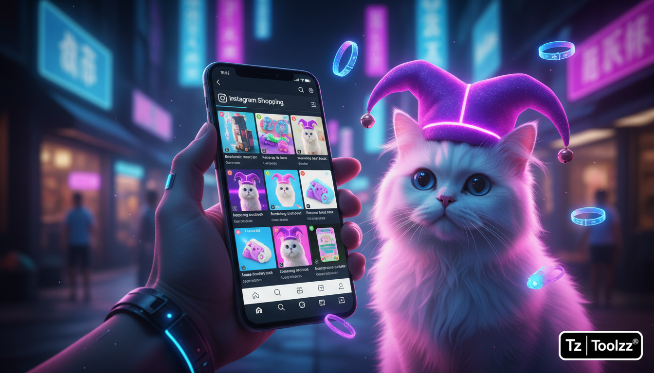 Panorama completo de Instagram Commerce IA em 2026 — Close-up de um smartphone mostrando a interface do Instagram Shopping com produtos para pets sendo exibidos em realidade aumentada. Um gato persa b