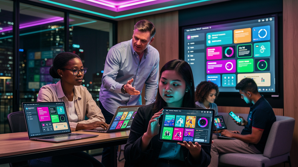 Panorama completo de LXP em 2026 — Um grupo diversificado de funcionários em um ambiente de trabalho moderno e colaborativo, cada um usando um dispositivo diferente (laptop, tablet, smartphone) para a