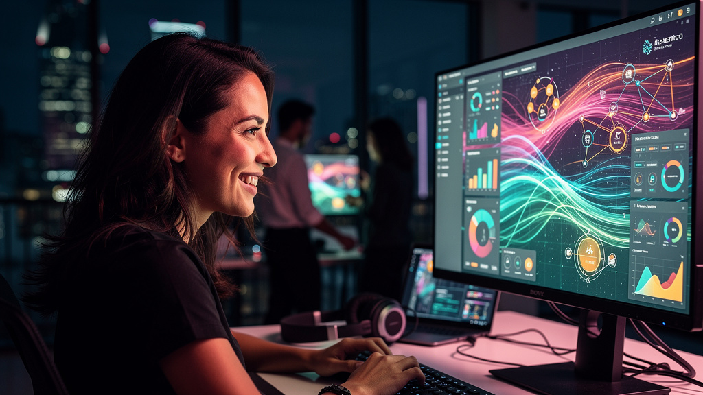 Passo a passo para otimizar equipes híbridas com IA em 2026 — Close-up de um rosto humano sorrindo em frente a um monitor que exibe dados complexos sendo analisados por um agente de IA. O rosto reflet