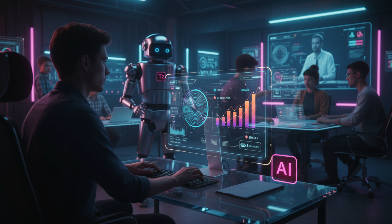 Passo a passo para otimizar Instagram Business com IA da Toolzz em 2026 — Um escritório moderno e iluminado em 2026. Em primeiro plano, um analista de marketing observa um painel de controle da Toolzz