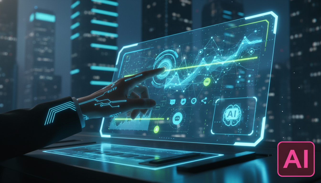 Passo a passo para otimizar Instagram com IA em 2024 — Um painel de controle futurista exibindo gráficos de engajamento do Instagram em tempo real. Uma mão humana toca a tela para ajustar parâmetros d