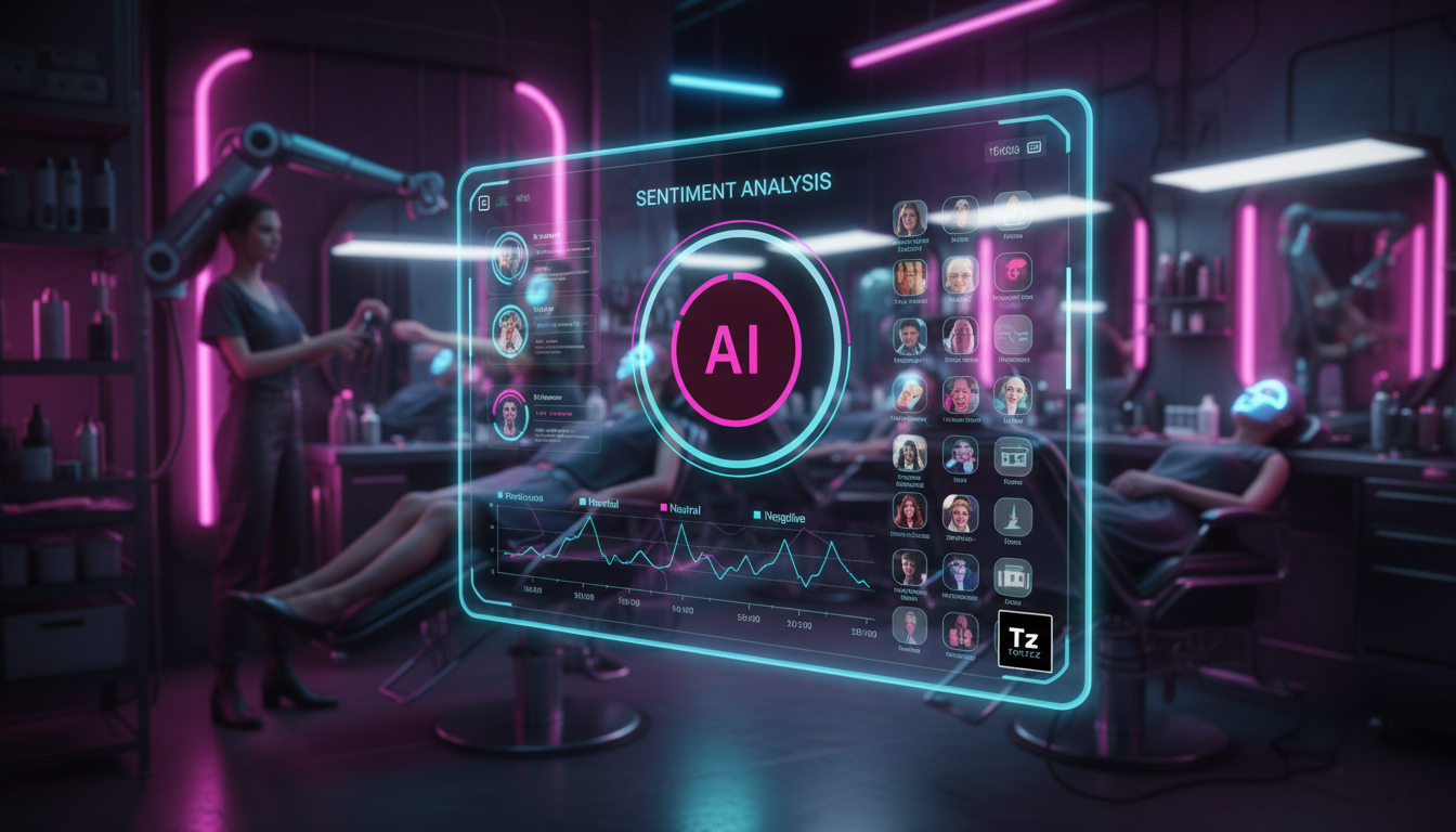 Passo a passo para otimizar redes sociais com IA em 2026 — Um salão de beleza moderno e elegante, com clientes sendo atendidos. Em primeiro plano, uma tela exibe o painel da Toolzz AI mostrando a anál