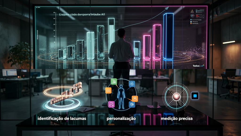 Passo a passo para otimizar relatórios com IA em 2026 — Um infográfico dividido em duas partes (superior e inferior para carrossel). Parte superior: Um gráfico de barras mostrando o ROI de treinamento