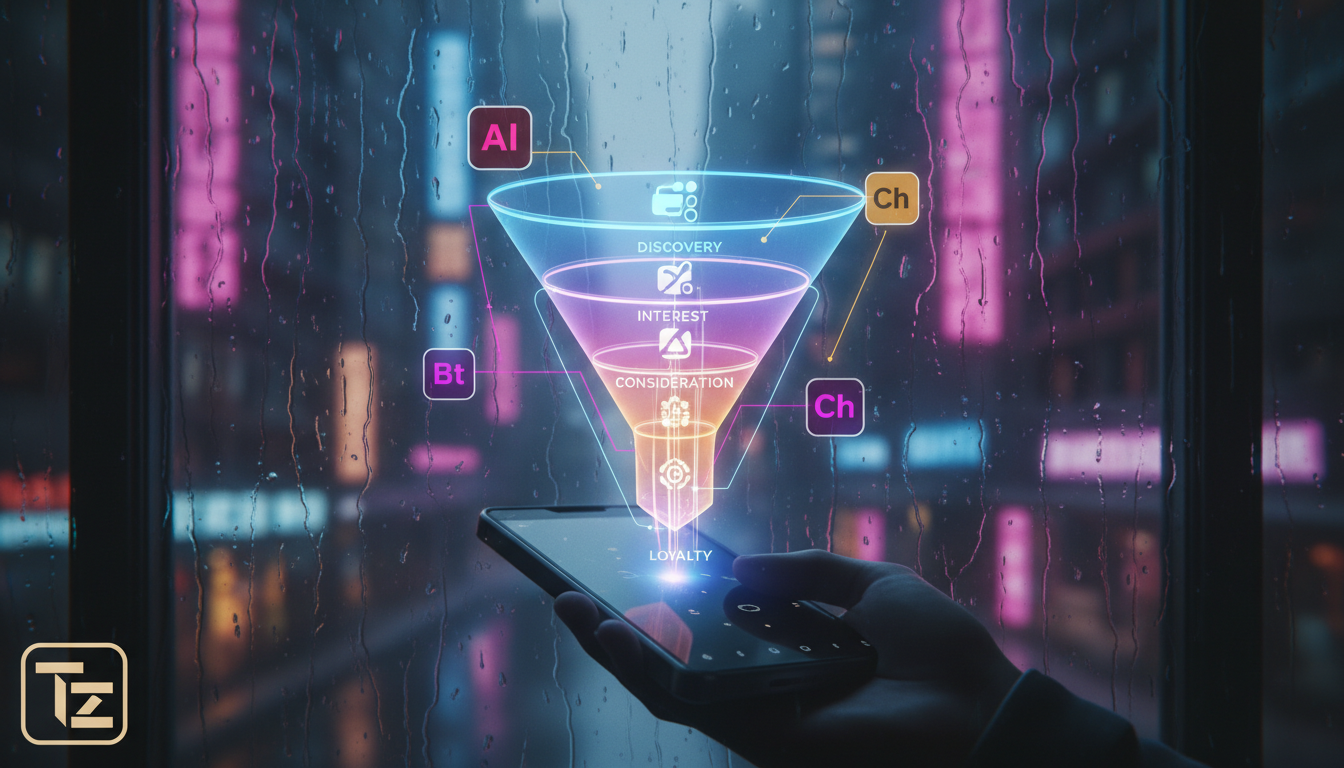 Performance real: como a automação Instagram 2026 acelera suas vendas — Close-up de uma tela holográfica mostrando um diagrama de funil de vendas do Instagram sendo otimizado em tempo real por algorit
