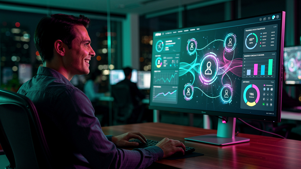 Performance real: como agentes de IA aceleram a educação corporativa — Um profissional de RH, em um escritório moderno, sorrindo enquanto observa um painel de controle que exibe métricas de treinament