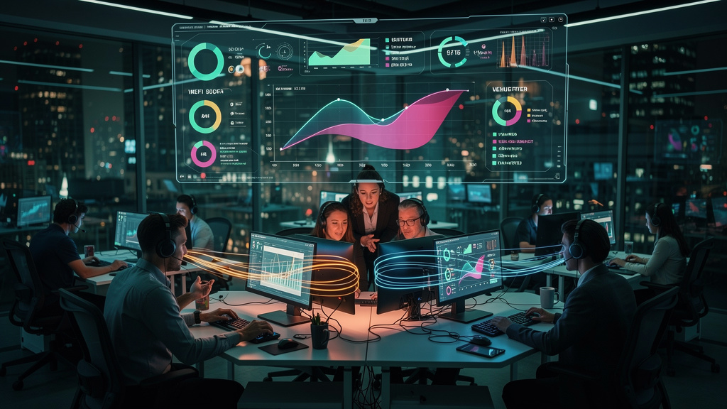 Performance real: como equipes híbridas de IA e humanos aceleram o atendimento — Um escritório moderno e movimentado, com agentes de atendimento ao cliente trabalhando em seus computadores. Um dashboa