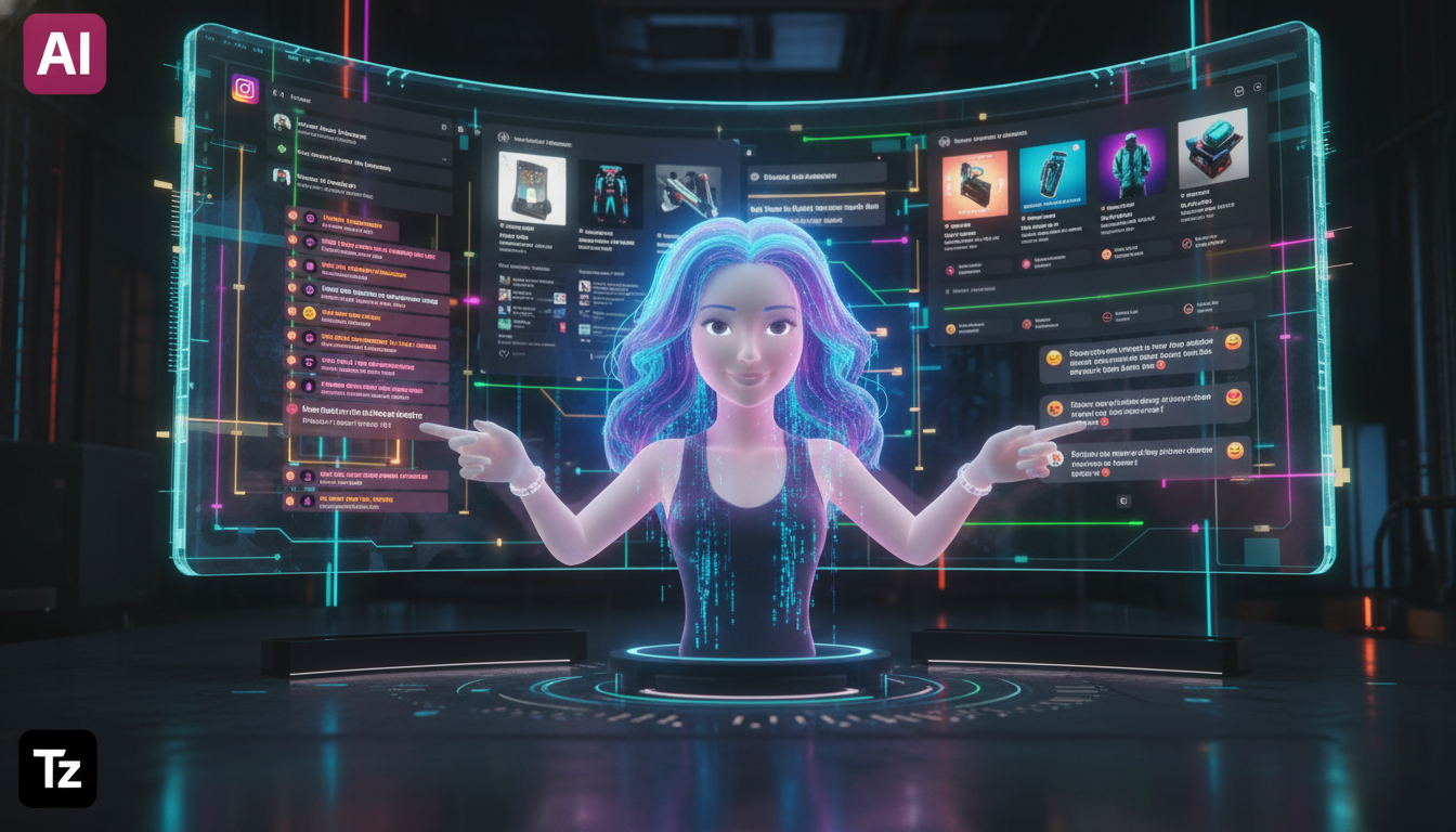 Performance real: como IA acelera vendas Instagram — Um agente de IA, visualizado como um assistente virtual amigável em forma de avatar, interagindo com um feed do Instagram em uma tela grande. O ava