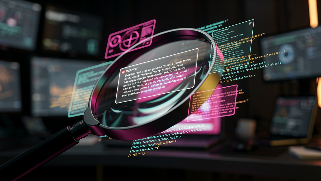 Perplexity e SEO: Toolzz vs. Jasper para Conteúdo Otimizado — Close-up de uma lupa digital focada em um fragmento de texto que representa um 'featured snippet' otimizado para Perplexity. O texto está 